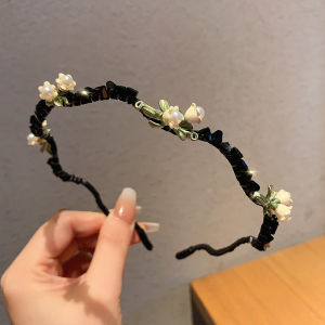 2024 New Arrival Small Flower Crystal Headband Sweet All-Matching Hair Accessories Headband Fresh Green Leaf Special-Interest Design Stylish Hair Accessories
