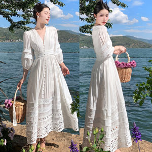 ชุดเดรสยาวเอวสูงสไตล์โบฮีเมียน แขนยาว กระโปรงทรงเอ ชุดเดรสชายหาดสไตล์ย้อนยุคสำหรับผู้หญิง ชุดเดรสสีพีชสุดสง่างาม