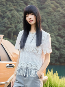 INLIFE | French Lace Hollow Fringe Loose Round Neck Short Sleeve Shirt