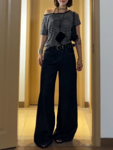 กางเกงยีนส์ทรงหลวมสไตล์อเมริกันย้อนยุคสีน้ำเงินเข้ม กางเกงขายาวทรงตรงสำหรับผู้หญิง กางเกงขายาวทรงหลวมสำหรับฤดูร้อน