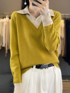 Womens Cashmere Knitted Sweater Base Layer Loose Fit Autumn Polo Neck Split Color Fashionable Knitwear Long Sleeve Crew Neck