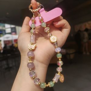 Handmade Crystal Butterfly Pendant Short Bracelet Mobile Phone Strap Retro Floral Glass Beads Handle Carrying Short Wristband