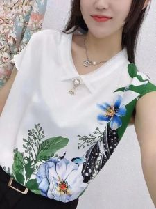 Lightweight Chic Summer Shirt for Women Loose Fit Ice Silk Printed Short Sleeve Fashionable Moms Shirt by Fish Jiao