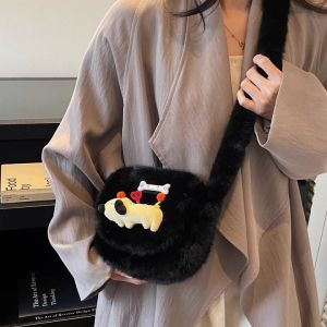 Cute Plush Niche Design Small Square Bag Womens Crossbody Bag Furry Trendy Style Autumn Winter Sweet Cool Style Dog Pattern