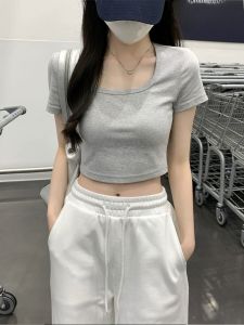 เสื้อยืดคอเหลี่ยมแขนสั้นสำหรับผู้หญิงในช่วงฤดูร้อน เสื้อตัวบนเอวสูงเข้ารูป ดีไซน์เก๋ไก๋ หวานและเผ็ดร้อน เสื้อผ้าทำงานสไตล์เกาหลี