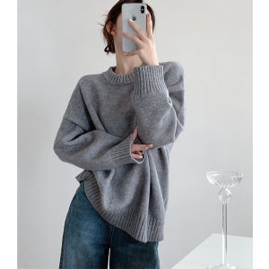 Autumn Winter Womens round Neck Loose Long Sweater Thick Warm Slimming Versatile Retro Meat Concealing Comfortable Knitwear