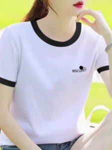 เสื้อยืดคอกลมแขนสั้นผ้าฝ้ายแท้ทรงสลิมฟิตสำหรับผู้หญิง ทรงเข้ารูป เสื้อเชิ้ตแขนสั้นคอตตอนผสมสำหรับฤดูร้อน 2024