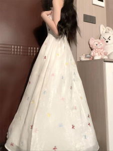 French Sweet Small Size Floral Print Halter Dress Women Summer New Gentle Waist Cinching Slimming Midi Skirt High Waist A-Line Dress