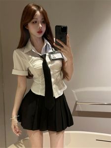 Summer New Preppy Style JK Uniform Suit Female Sweet and Spicy Waist Trimming Short-Sleeved Easiest for Match Shirt Skirt Two-piece Set Female
