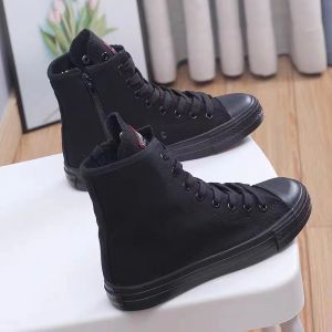 High-Top Canvas Shoes Womens 2025 Summer New Side Zipper Boots Large Size Heightening Board Shoes Black Korean Style