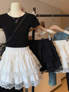 กระโปรงสั้นทรงเค้กผ้าลูกไม้เอวสูงไซส์ใหญ่แฟชั่นฤดูร้อนสำหรับผู้หญิง กระโปรงทรงเข้ารูปเอวสูงทรงเข้ารูป