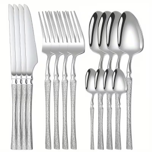16-Piece Silver Stainless Steel Cutlery Set with Forks and Spoons Creative Hammered Handles Suitable for Home Kitchen Restau