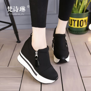 รองเท้าหุ้มข้อสำหรับฤดูใบไม้ผลิและฤดูใบไม้ร่วงรองเท้าผ้าใบเสริมส้นด้านในรองเท้าลำลองระบายอากาศได้ดีสำหรับผู้หญิงรองเท้าเพิ่มความสูงพื้นหนารองเท้าผ้าติดซิปด้านข้างแมทช์ลุคง่าย