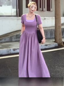 Summer New Style plus Size French Elegant Fake Two-Piece Dress Womens Square Collar Waist-Cinching Slimming Long Skirt