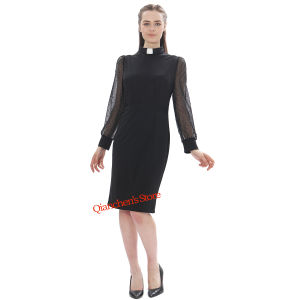 Clergy Womens Dress Business Pencil Dress Tab Collar For Priest Pastor Minister Long Puff Sleeve Bodycon Dresses