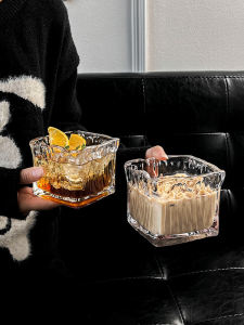 Retro Square Glass Coffee Cup Whiskey Breakfast Wheat Flakes Bowl Ins Unique Design for Living Room Transparent Single Layer