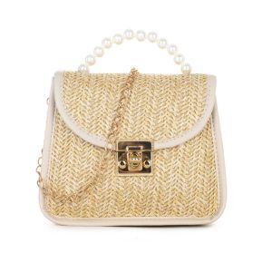 Summer Casual Wild Straw Braid Handbag & Pearl Top Handle Creative Dating Beach Messenger Shoulder Bag