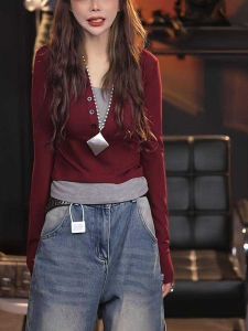Early Autumn Thin Type Half-Open Collar Button Base Fake Two-Piece Long Sleeves T-shirt Waist-Tight Slim Looking Shoulder Wine Red Bottoming Shirt