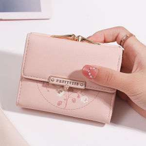 Purse womens summer new Korean PU printed buckle 3 fold bag simple all-in-one short womens money clip multi-card folding flap