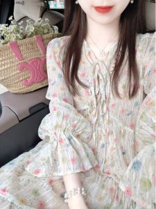 Gentle French Style Chiffon Floral Dress Beautiful Unique Long Skirt Spring New Arrival A-Line Silhouette Loose Waist Long Sleeve