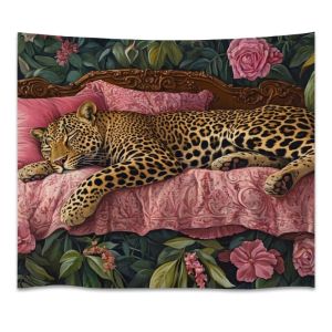 VIKAMA Da Báo Ngồi Nghỉ Ngơi Sofa Màu Hồng Hoa Hồng Treo Tường Thảm Tranh Sơn Dầu Cổ Điển Mèo Hoang Hoa Thực Vật Nhiệt Đới Trang Trí Cho Phòng Ngủ Phòng Khách