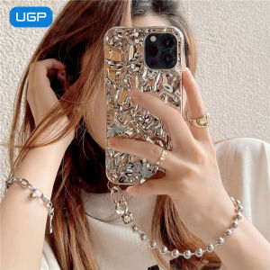 Silver Phone Case for  14 13 pro Max 12 Popular Net Red Full Cover Womens Style with Lanyard Chain Foldable Silicone Shell