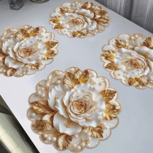 VIKAMA White Gold Rose Pearl Placemat Wavy Edge Elegant Floral Leaf Luxury Table Mat Dining Decor Wedding Holiday Trendy Art