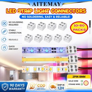Aitemay aCS Solderless 2 Pin 8mm LED Strip Connector for 5V 12V 24V Single Color Lights Screw Down Tape to Wire Connector Wide Compatibility