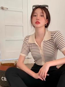 Ice Silk Stripe Knitted Light and Fitted Short Straight Shoulder Niche INS Trendy Polo T-shirt