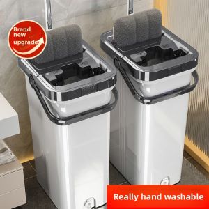Hand Wash Free Flat Mop Thickened Mop with Bucket Rotating Mop Bucket Hand Free Flat Floor Mop and Bucket Set WashableMicrofiber