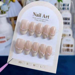 Hand-Painted Pearl Short Wearing False Nails French Style Soft Pink White Edge High-End Sensation Beauty Nail Art Finished Product