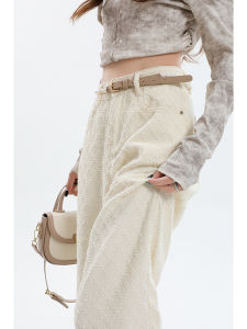 กางเกงยีนส์ขากว้างเอวสูงทรงตรงผ้าฝ้ายสีขาว กางเกงขายาวทรงหลวมสบายๆ สำหรับผู้หญิงในฤดูใบไม้ร่วง