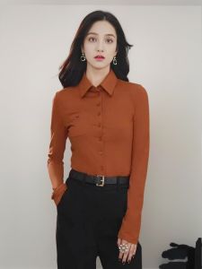 Slim Fit Long Sleeve Wool Shirt for Women Commute Basic Top Autumn Winter Waist Cinching Slimming Effect White Collar Brother New 2025