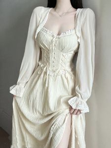 Plus Size Plus Size Ladies Pure Desire Fancy Shoelace Waist Trimming Spaghetti Straps Dress Cardigan Female Spring Summer Slimming Fairy Dress Suit