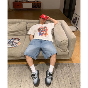 Washed Blue Mens Summer Thin Denim Shorts American Retro Cleanfit Five-Quarter Pants Youth Mid-Length Straight Leg Loose Fit