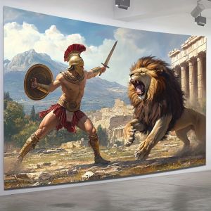 VIKAMA Greek Warrior Tapestry Featuring Epic Lion Battle Perfect Wall Decor for Bedroom Dorm and Living Room Elevate Your Space