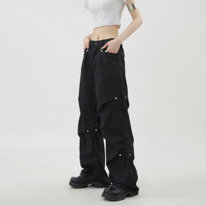 DSLP American Street Rivet Ruched Workwear Casual Pants Mens and Womens Loose Wide Leg Straight Sports Parachute Pants