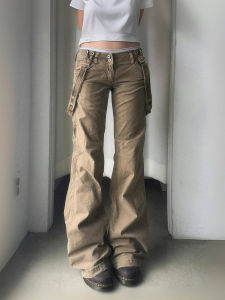 Neutral Boy Style American Workwear Khaki Straight Leg Pants Womens Retro Flared Casual Trousers Streetwear Low Waist Button Polyester Spandex