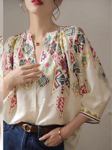 3/4 Sleeve Loose Floral Womens Shirt