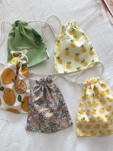 Mini Drawstring Cloth Bag New 2024 Cotton Fabric Flower Art Small Coin Earphone Storage Pouch Velvet Core Liner