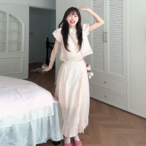 Karrar betsey | French Style Sweet Gentle Pink Puff Sleeves Summer Mini Figure Long Dress Set