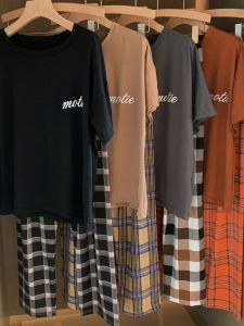 ผู้หญิงชุดนอนลายตารางหมากรุกลําลองชุดนอนสไตล์เรียบง่ายชุดยางรัดกางเกงแขนสั้นเสื้อสวมหัวคอกลมแขนสั้น