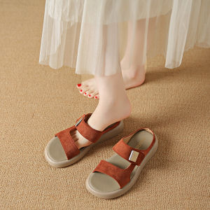 Genuine Leather Retro Slip-On Sandals Womens Summer Trend Soft Bottom Casual Beach Shoes Fashionable Flat Heel Rubber Sole