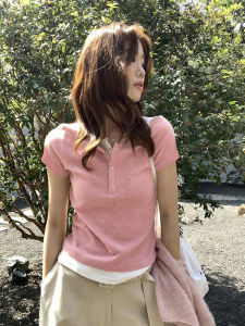 DUOFEIYAN | Korean Style Pink Halter Illusion Two-Piece Short Sleeve T-Shirt Womens Summery Sweet and Spicy Fitted Short Top