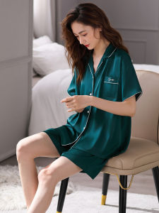 ฤดูร้อน ผ้าไหม Ice ผ้าไหม แขนสั้นสั้น กางเกง Simulation ผ้าไหม Home Clothes ผู้หญิง Nightgown Set ลำลอง Home Pure Color Button Trim
