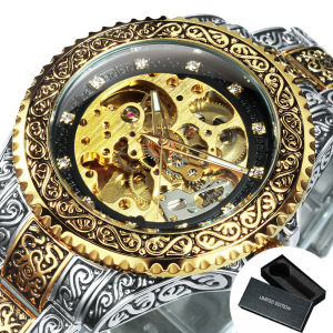 T-WINNER | WINNER Royal Gold Skeleton Watch for Men Rotating Bezel Engraved Design Stainless Steel Band Luxury Automatic Mechanical Watches