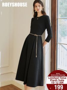 Roey s house | Elegant Hobbie Style Evening Dress Black Waist Cincher Knit Dress