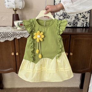 Bear Leader | Summer Girls Fashion Sleeveless Cute Flower Decoration Sweet Ruffled Princess Dress 1 Pc 2-7 Years Kids Daily Casual Clothes