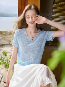 XIANGYING | Lace Hollow V-neck Short Sleeve T-shirt