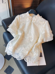 PAIBOLI | Large Size Vintage Design Apricot Color Womens Sweet Solid Color Summer Short Sleeve Round Neck Versatile Top New Style Shirt